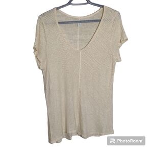 Sundance‎ Yellow/White V-Neck 100%  Linen Tee Size M